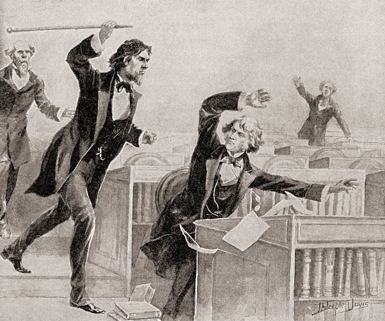 Preston Smith Brooks, een fervent voorstander van slavernij, valt senator Charles Sumner, een abolitionist, aan met een stok op de vloer van de Senaat van de Verenigde Staten, op 22 mei door American School