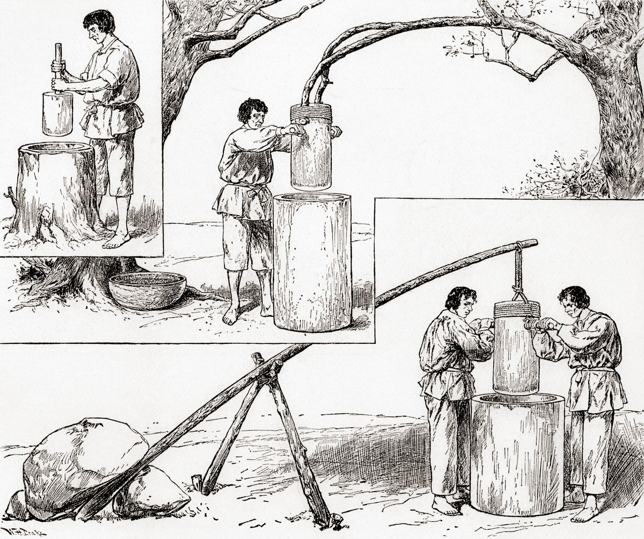 Primitieve manieren van het malen van graan, uit 