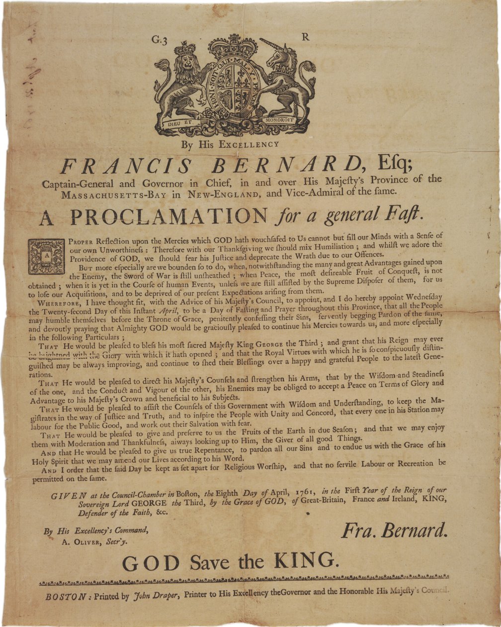 Proclamatie namens Francis Bernard, gouverneur van Massachusetts Bay: aankondiging van een vastendag tijdens de Franse en Indiaanse Oorlog, 8 april 1761 door American School