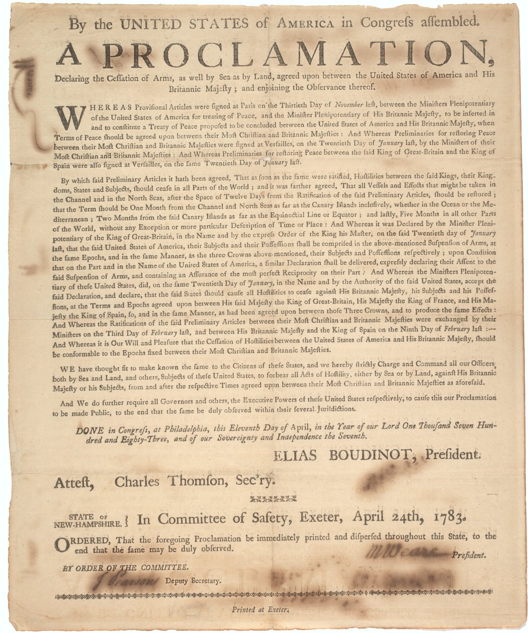 Proclamatie van het Congres waarin de wapenstilstand en het einde van de oorlog worden verklaard, 24 april 1783 door American School