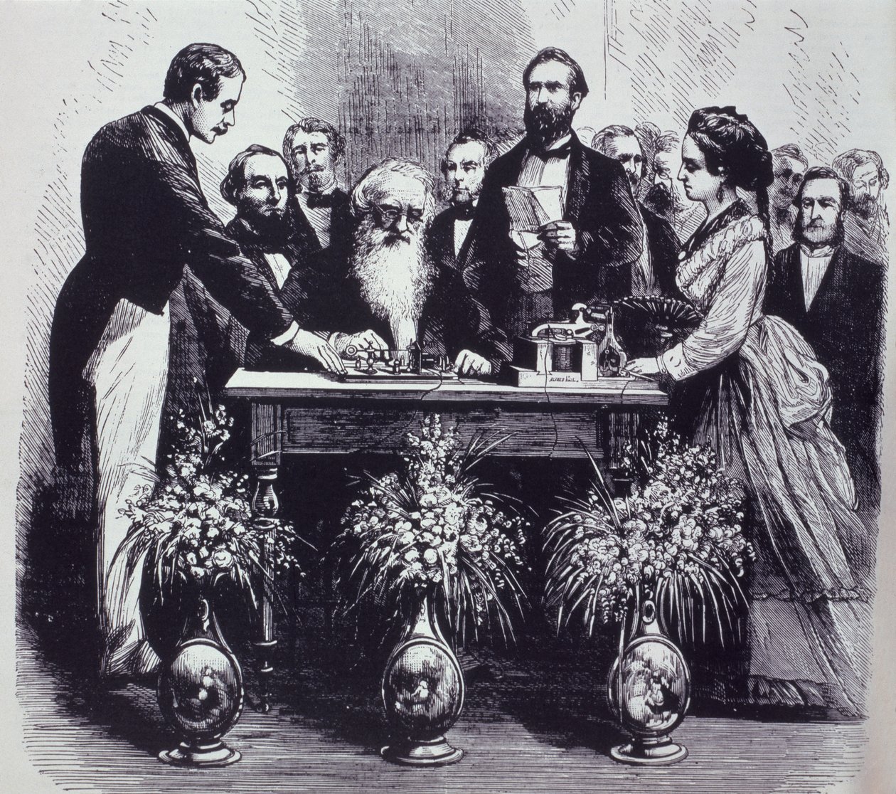 Professor Samuel Finley Breese Morse (1791-1872) legt de werking van zijn uitvinding uit door American School