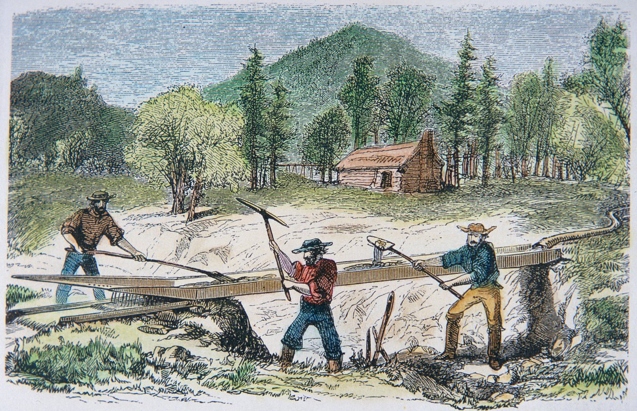 Goudzoekers Gebruiken een Sluice tijdens de California Gold Rush van 1849 door American School