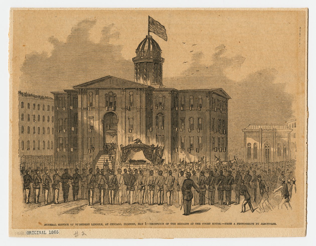 Ontvangst bij gerechtsgebouw tijdens de begrafenis van Abraham Lincoln, Chicago, Illinois door American School