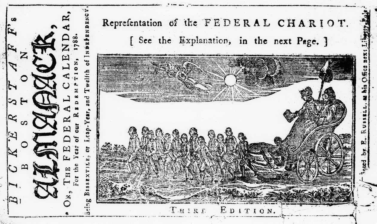 Voorstelling van de federale strijdwagen, omslagillustratie uit Bickerstaffs Boston Almanack, uitgegeven 1788 door American School
