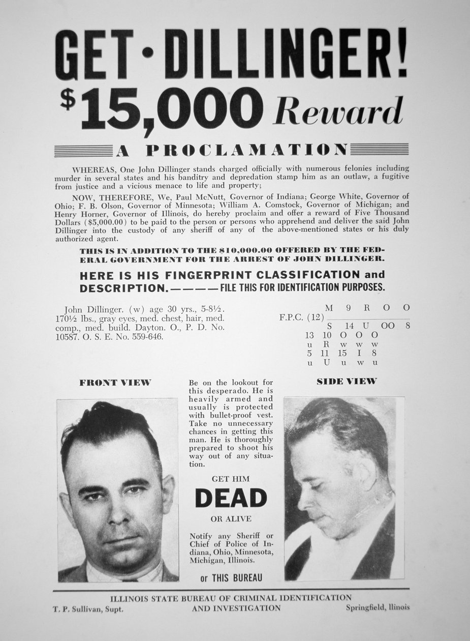 Beloningsposter voor John Dillinger door American School