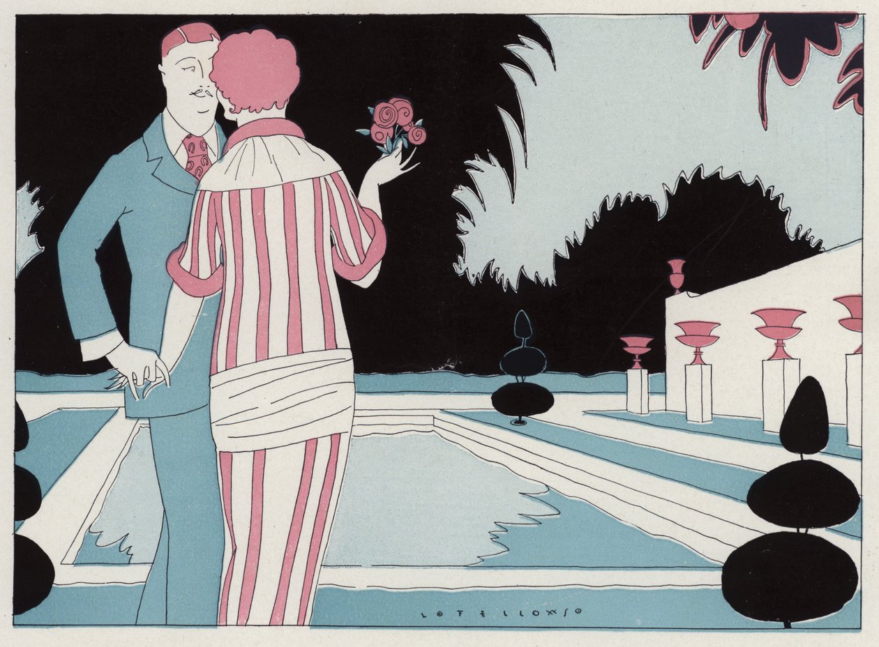 Romantisch paar hand in hand bij het zwembad, een scène uit het korte verhaal Prospective Honeymooners van J A Waldron (kleurenlitho) door American School