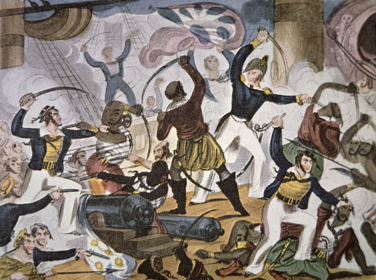 Matrozen van de Royal Navy aan boord van een Algerijns piratenschip, ca. 1820 door American School