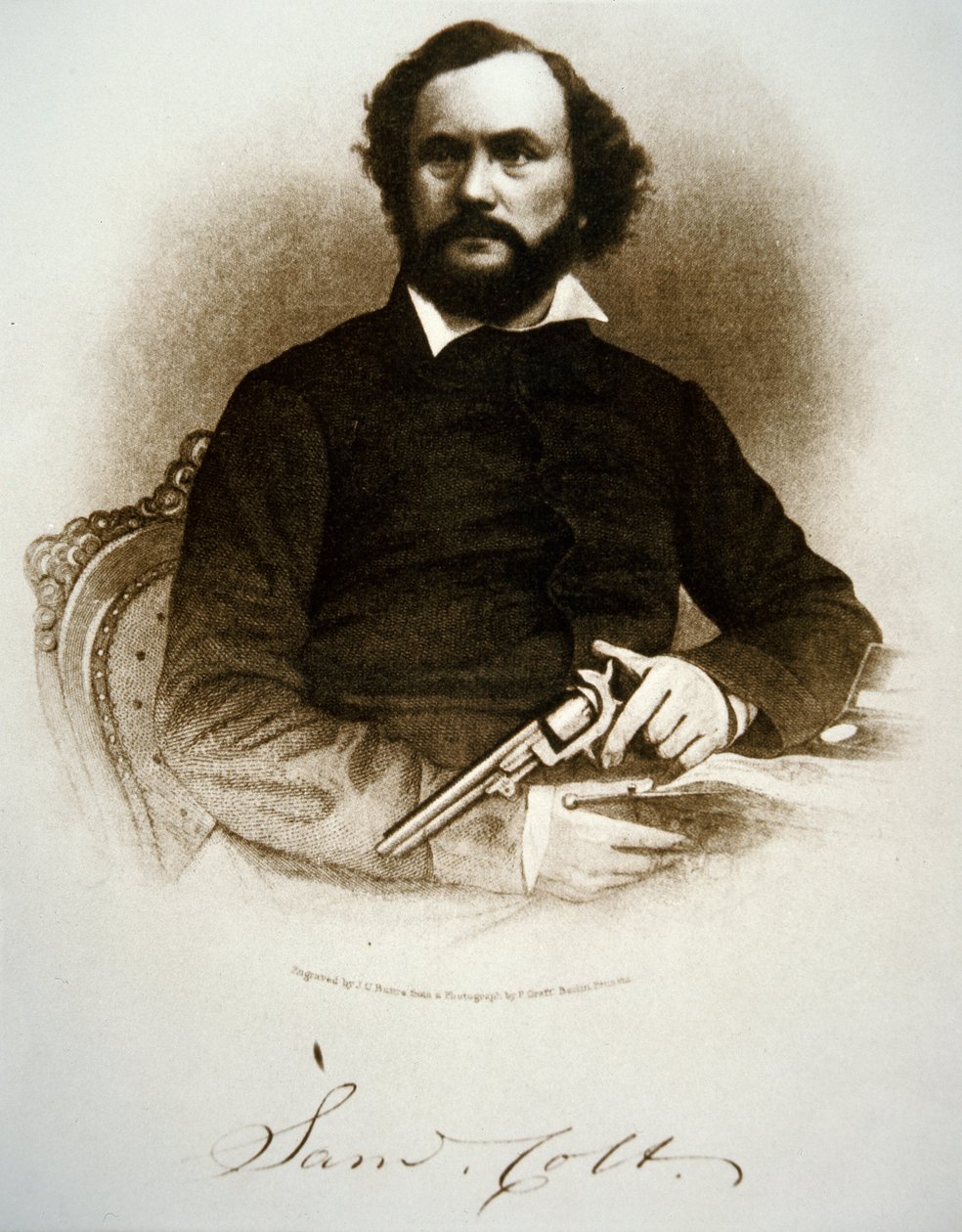 Samuel Colt met een van zijn slaghoedjesrevolvers door American School