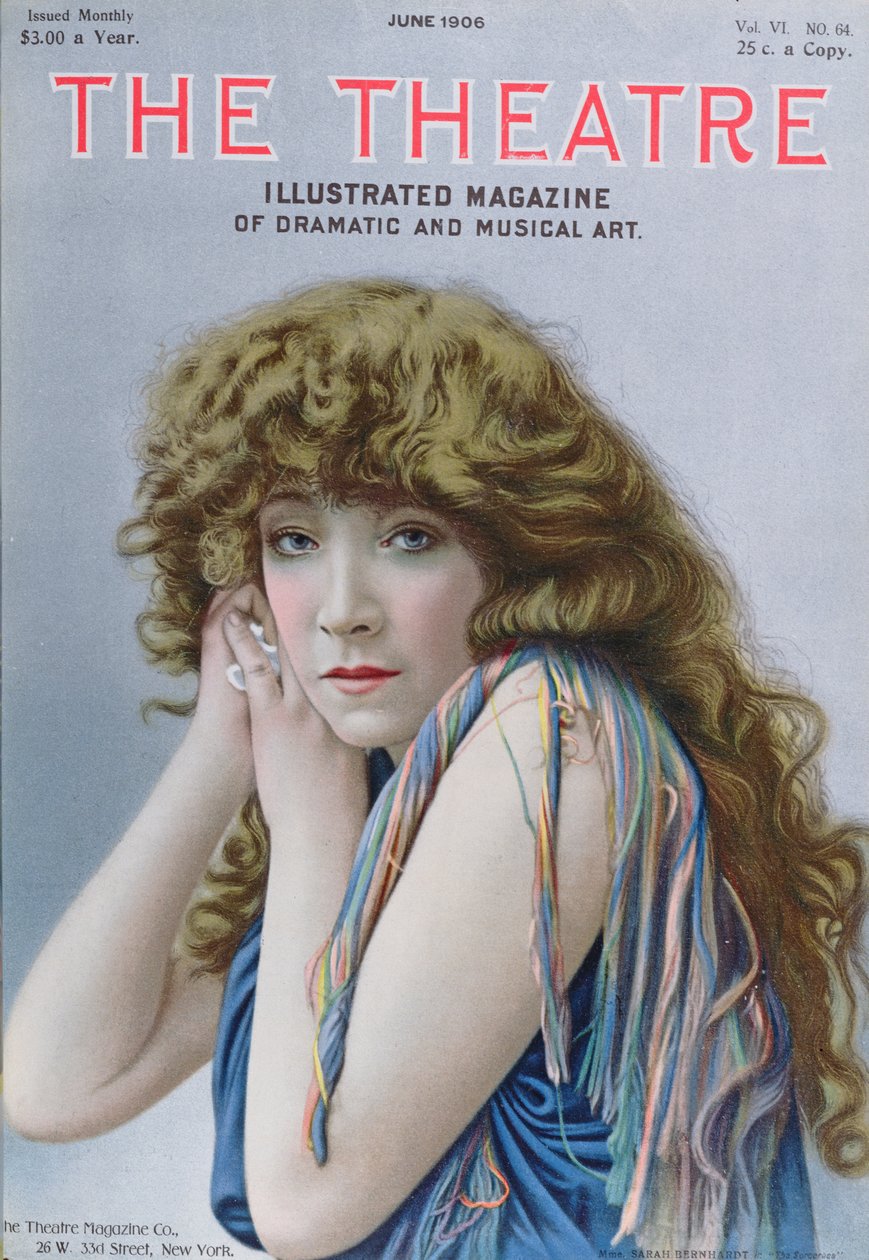 Sarah Bernhardt in de rol van de Tovenares, een toneelstuk van Sardou, omslagillustratie van Theatre magazine, juni 1906 door American School