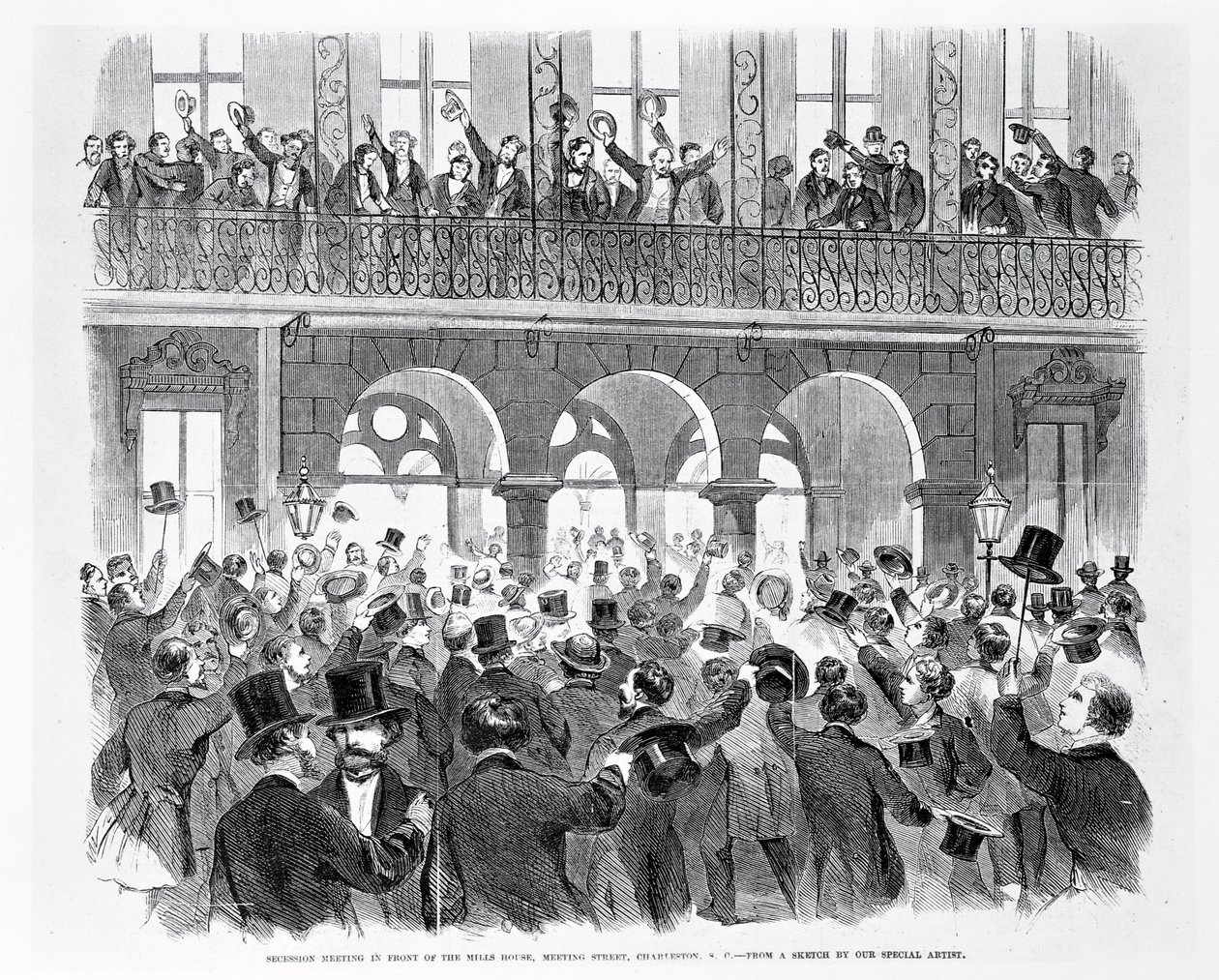 Secessie bijeenkomst voor het Mills House, Meeting Street, Charleston, South Carolina, c.1860 (gravure) door American School