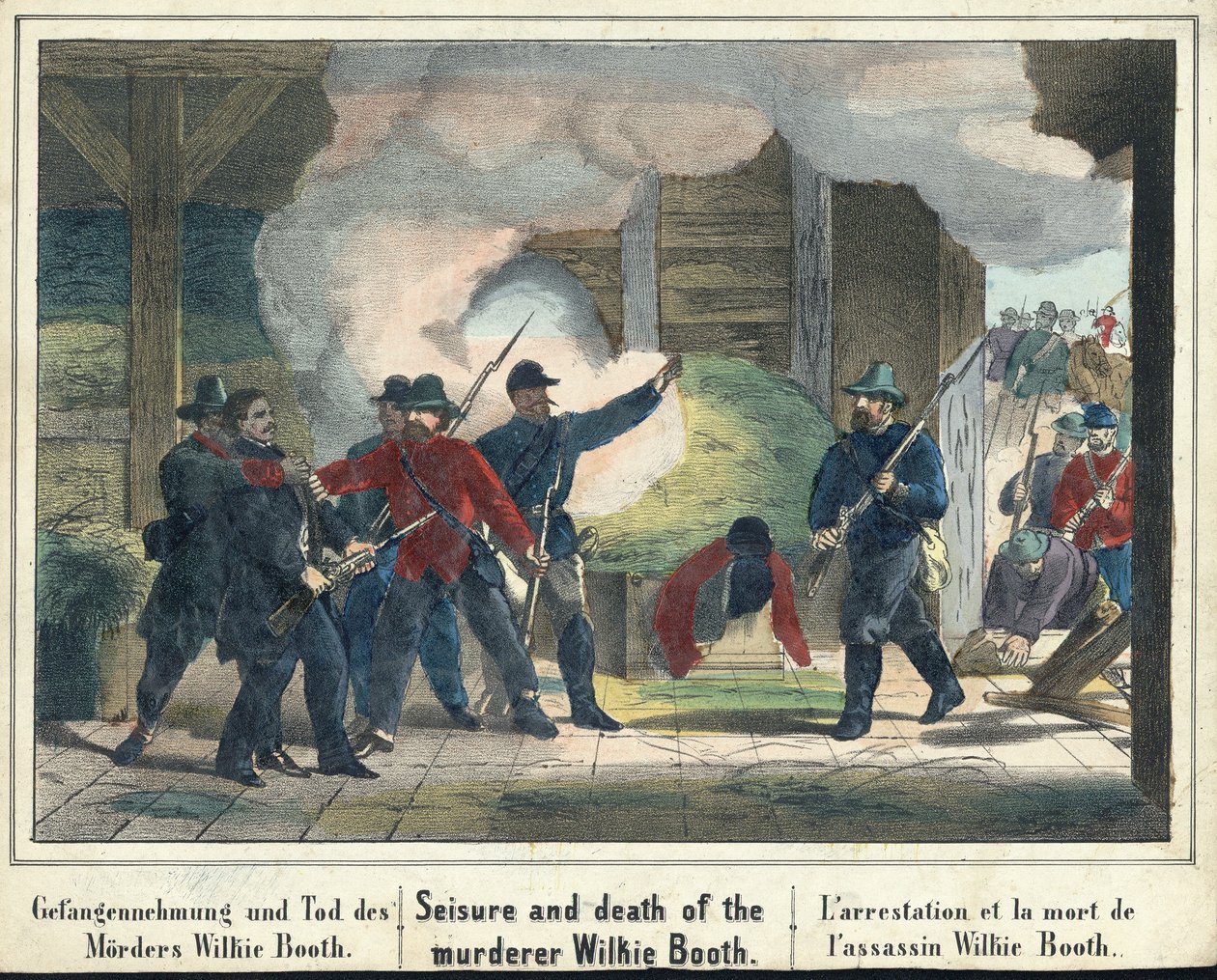 Arrestatie en dood van de moordenaar Wilkie Booth, pub. 1865 door American School