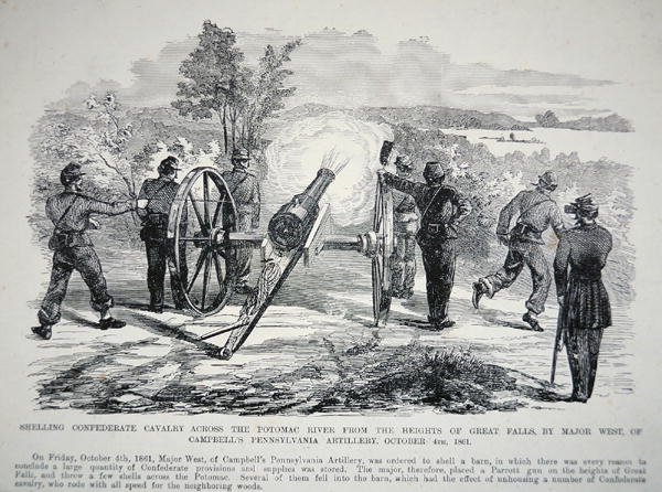 Beschieting van de cavalerie van de Confederatie over de Potomac-rivier vanaf de hoogten van Great Falls, 4 oktober 1861 door American School