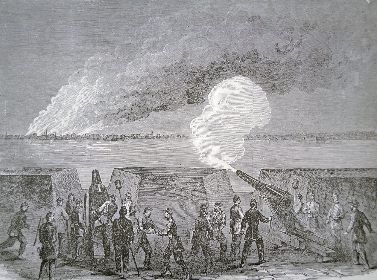 Belegering van Charleston, de stad brandt onder bombardement, 3 januari 1864, uit Harper