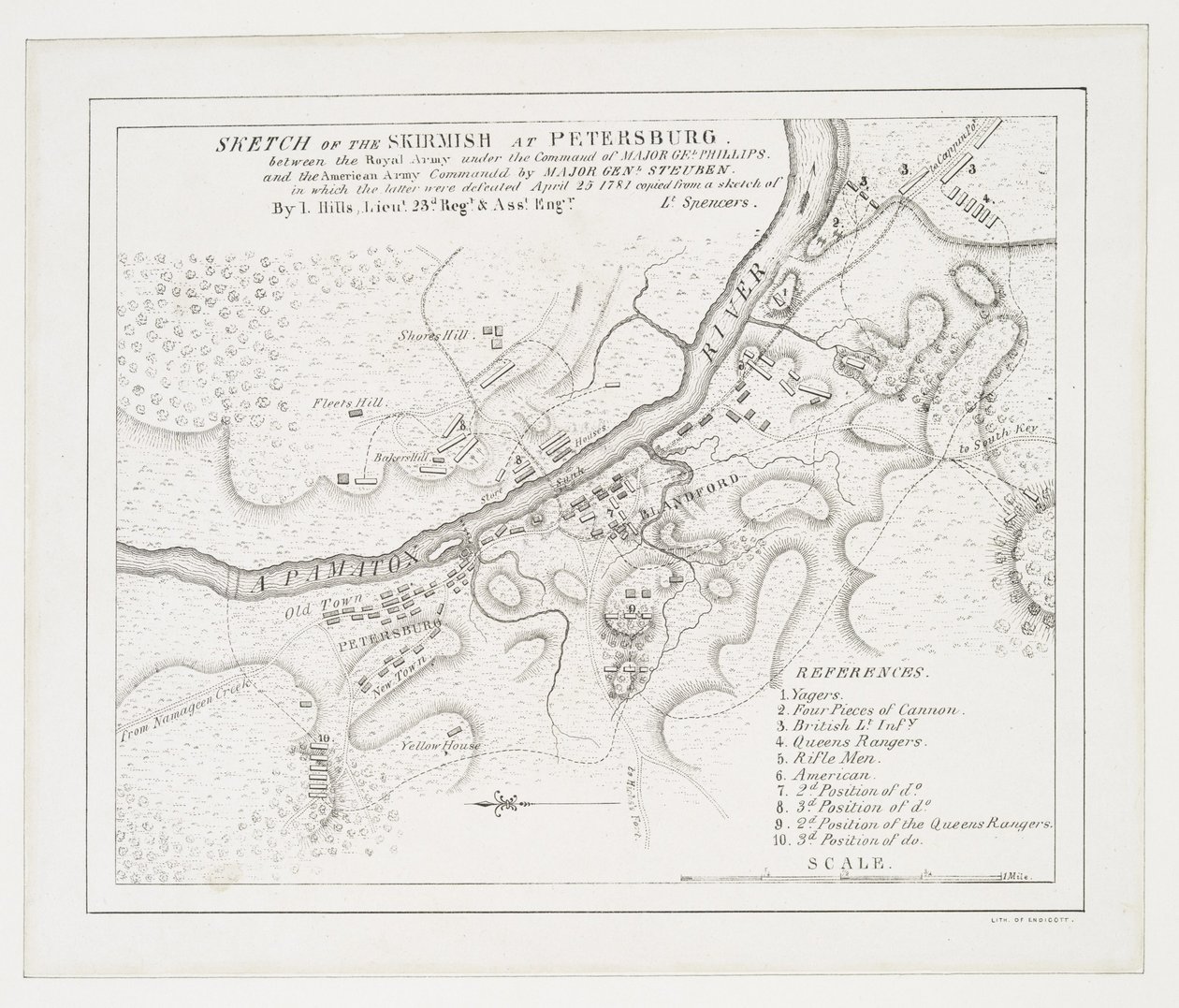 Schets van het gevecht bij Petersburg: tussen het Koninklijk Leger onder bevel van Majoor Gel. Phillips en het Amerikaanse leger onder bevel van Majoor Genl. Steuben waarin de laatsten werden verslagen, 25 april 1781 door American School