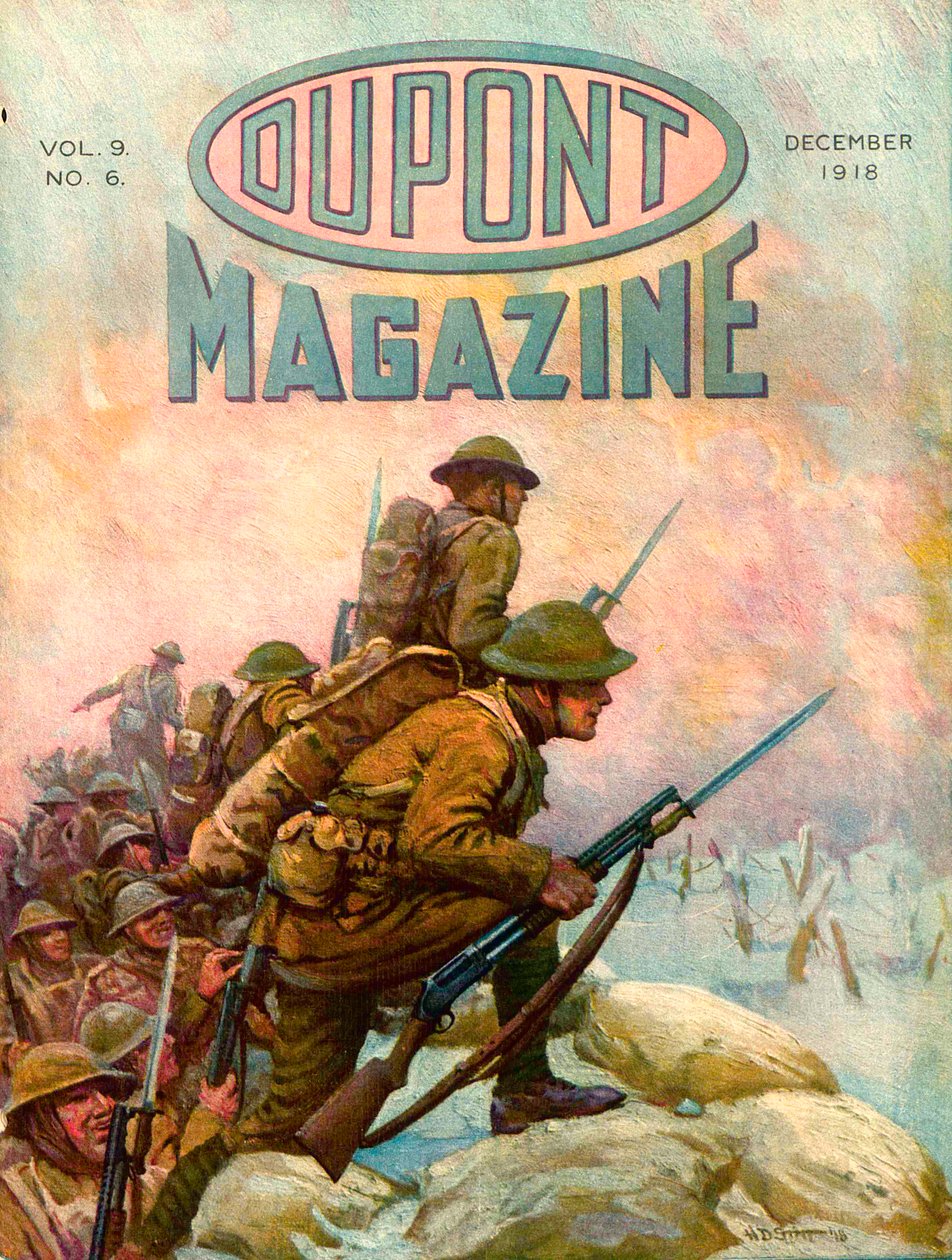 Soldaten in de Loopgraven, vooromslag van het DuPont Magazine, december 1918 door American School