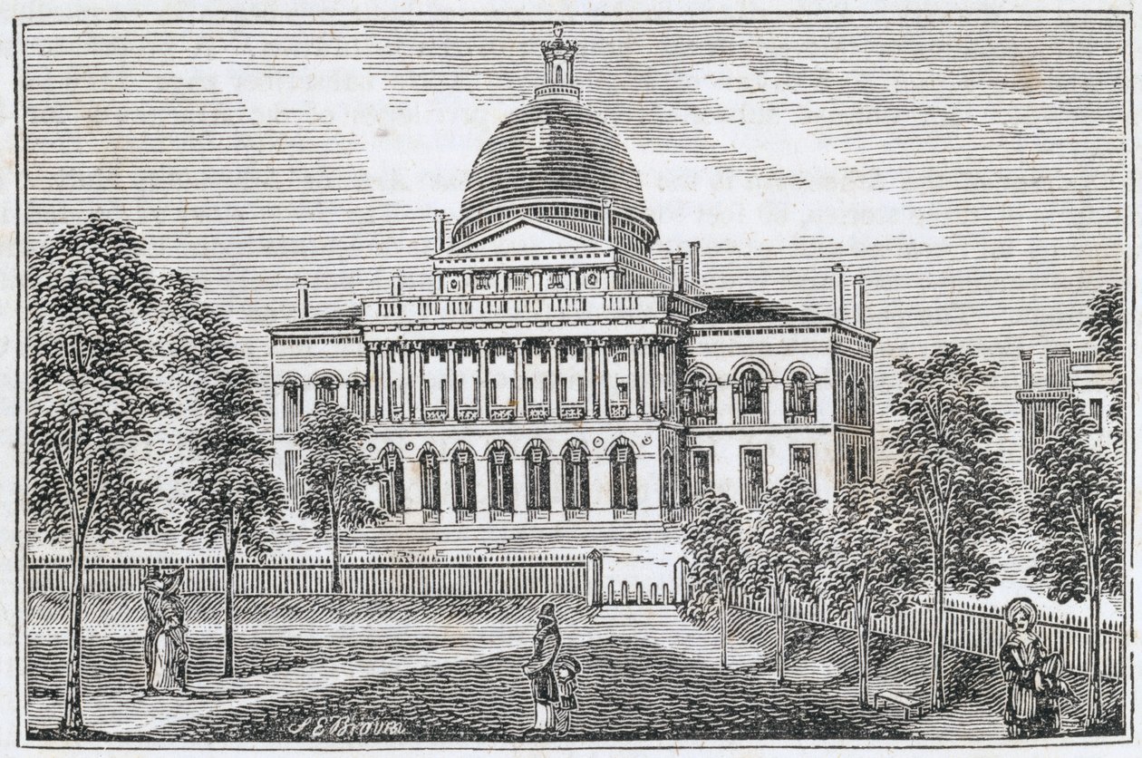 Zuidelijk uitzicht op het State House in Boston aan Beacon Street, uit 