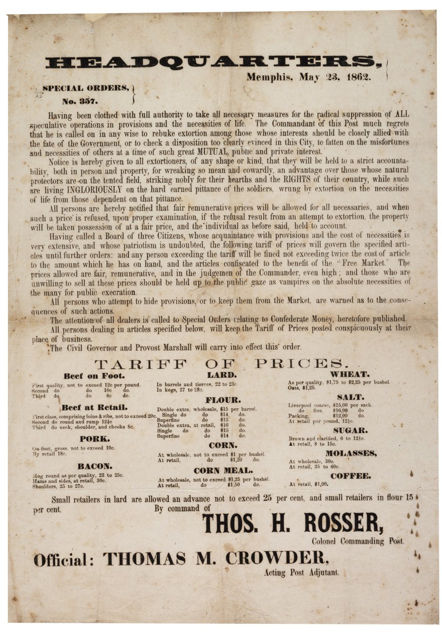 Speciale Order nr. 357 publiceert voedselprijzen om speculatie te voorkomen, 23 mei 1862 door American School