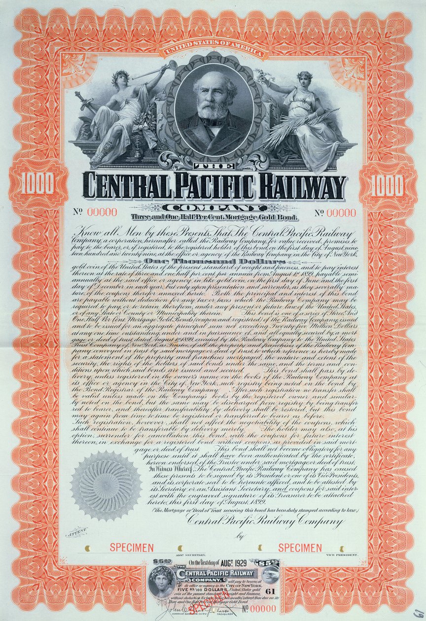 Voorbeeld obligatiecertificaat voor 1000 dollar voor de Central Pacific Railway Company, 1899 door American School