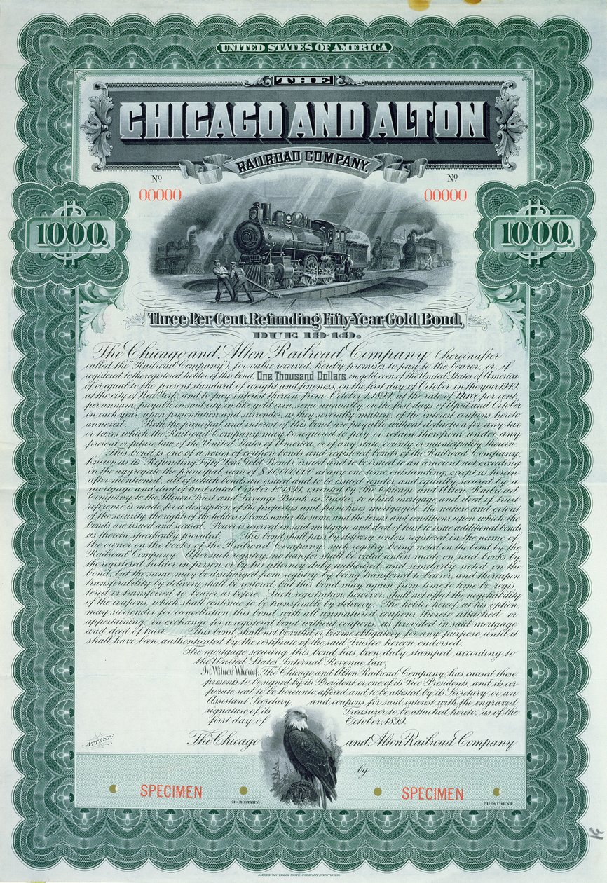 Voorbeeld obligatiecertificaat voor 1000 dollar voor de Chicago and Alton Railroad Company, 1899 door American School