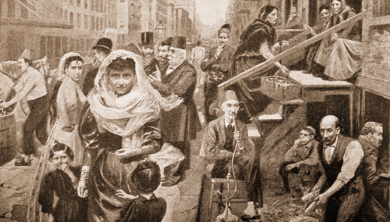 Syrische gemeenschap in Lower Washington Street, New York (gravure) door American School