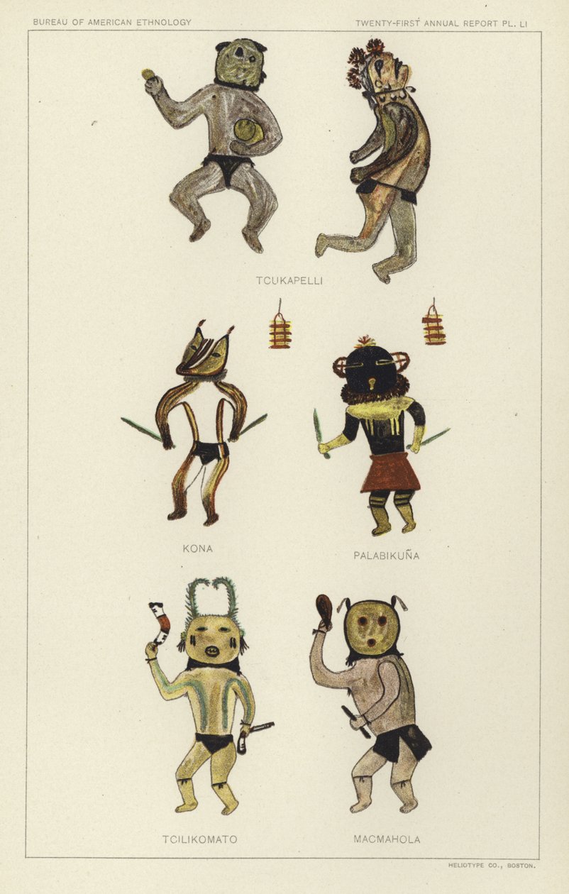 Tcukapelli, Kona, Palabikuna, Tcilikomato, Macmahola (kleurenlitho) door American School