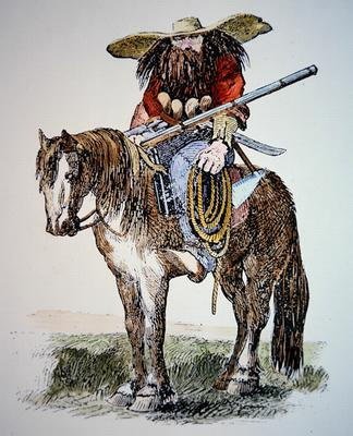 Texas Ranger cartoon, die het stedelijke oostelijke beeld van de wilde en harige Ranger toont door American School