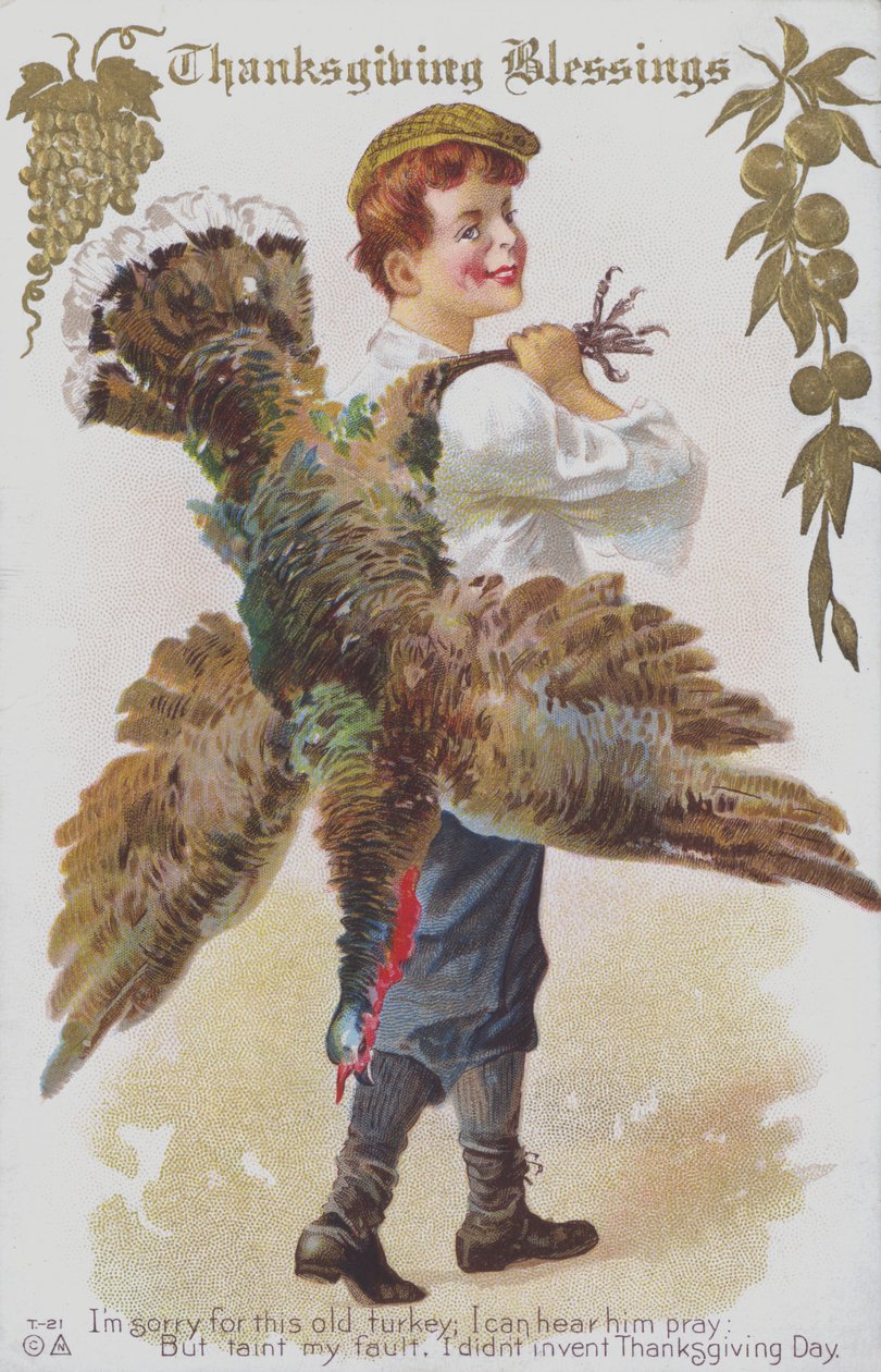 Wenskaart met Thanksgiving van een man met een kalkoen. (chromolitho) door American School
