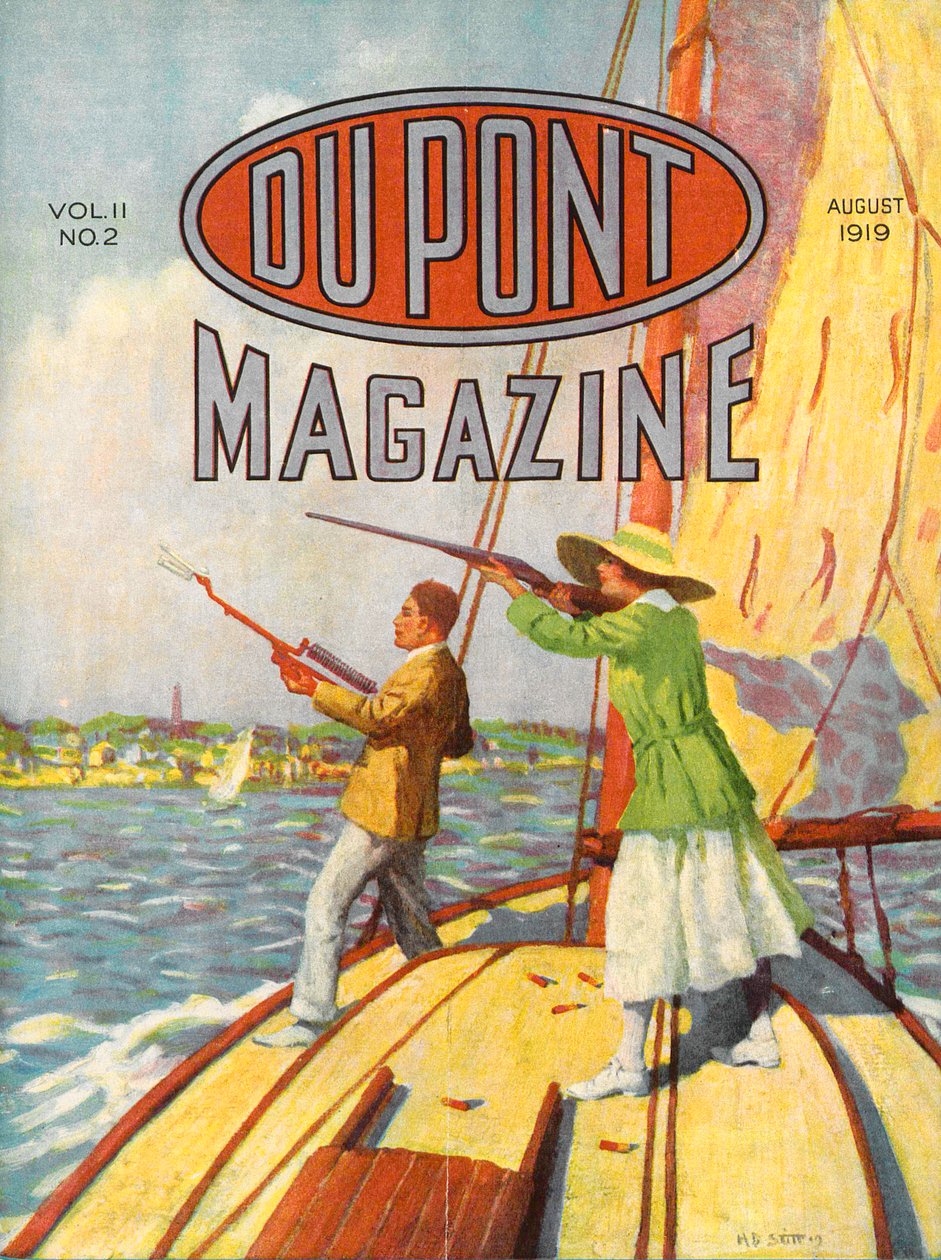 Het 1919 Grand American Handicap Trapshooting Tournament, vooromslag van het DuPont Magazine, augustus 1919 door American School