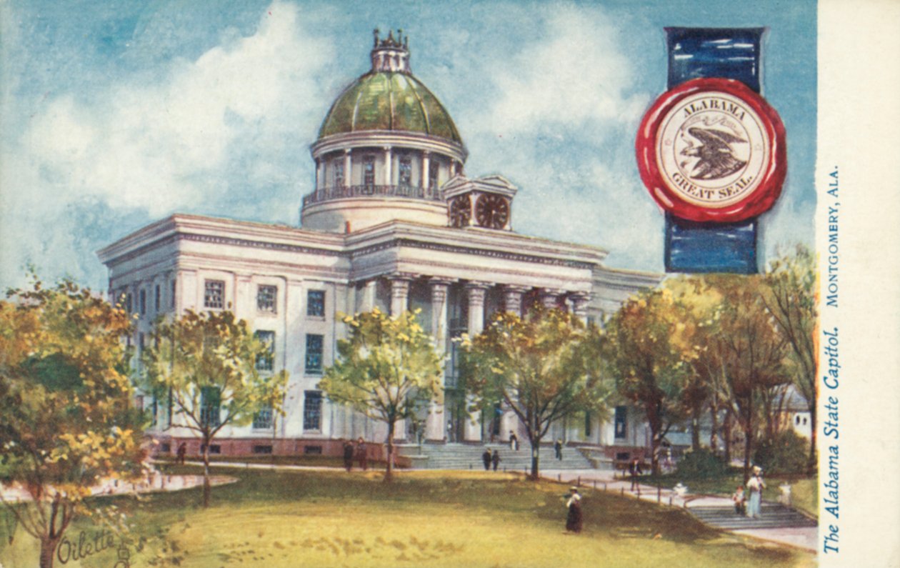De hoofdstad van de staat Alabama, Montgomery, Alabama (kleurenlitho) door American School