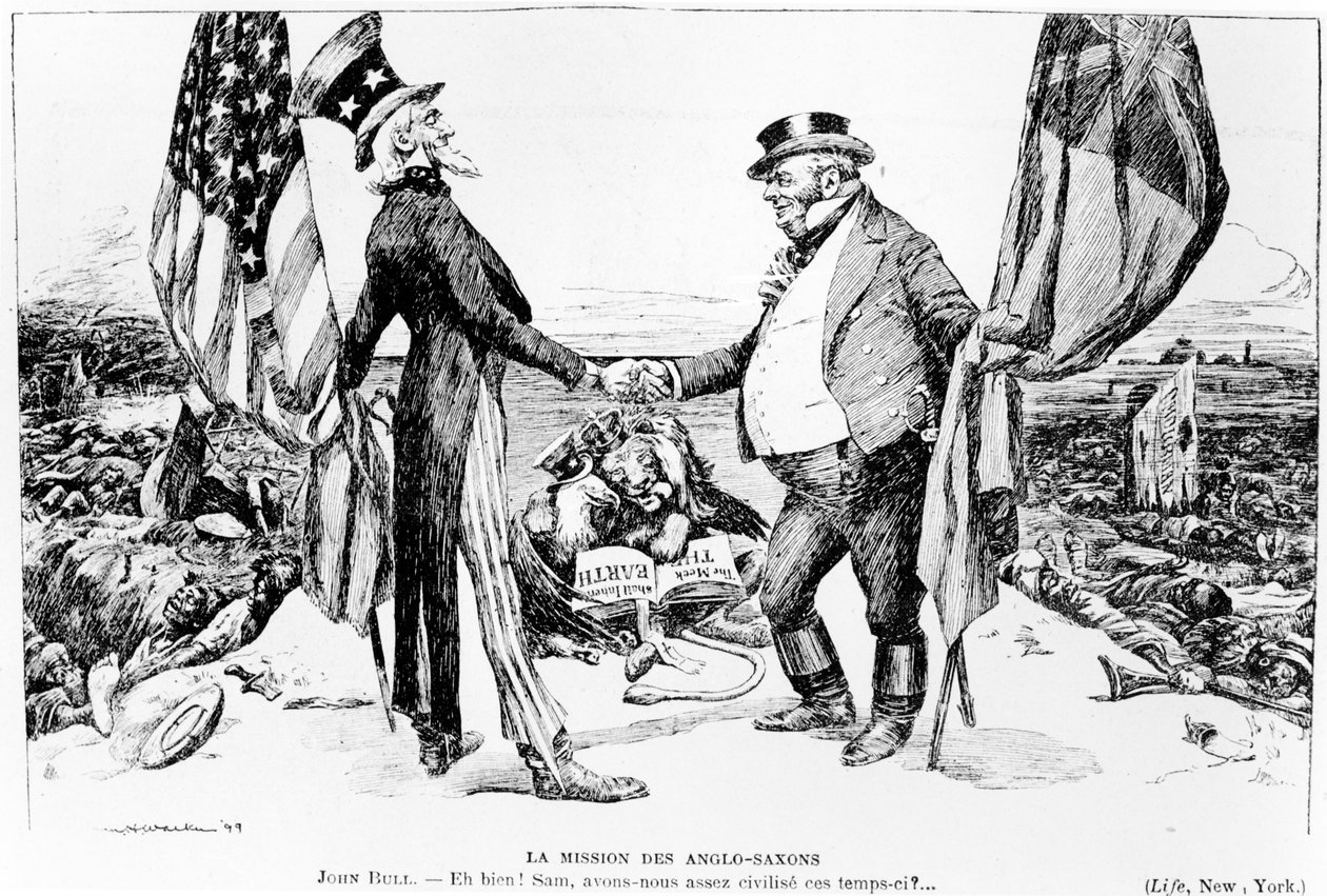 De missie van de Angelsaksen, illustratie uit Le Rire, 1899 door American School