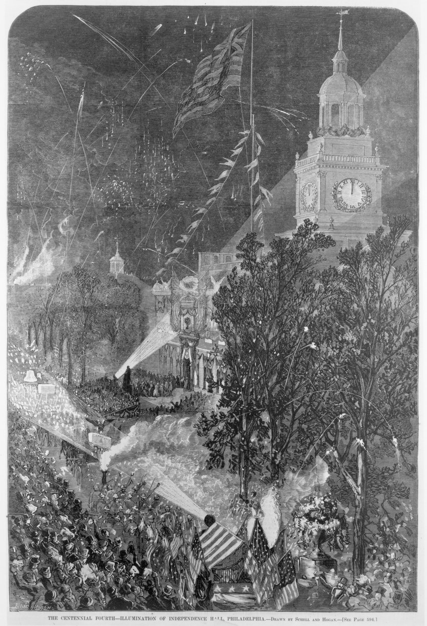 De eeuwfeestviering: Verlichting van Independence Hall, Philadelphia, uit 