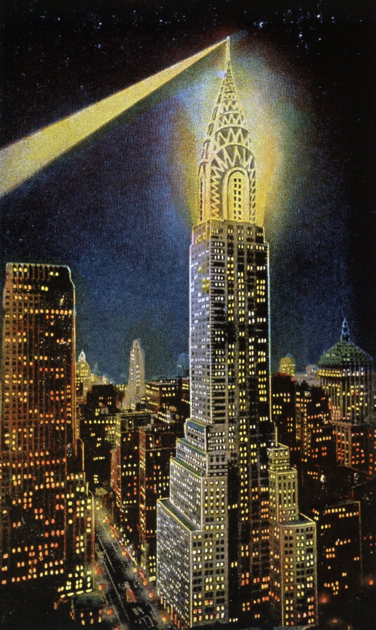 Het Chrysler Building bij nacht, NYC, ca. 1929 (ansichtkaart) door American School