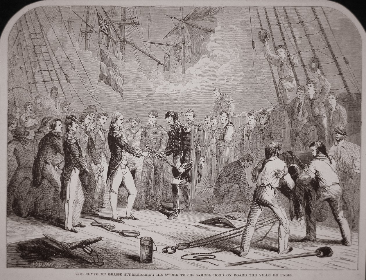 De Comte de Grasse geeft zijn zwaard over aan Samuel Hood op de 