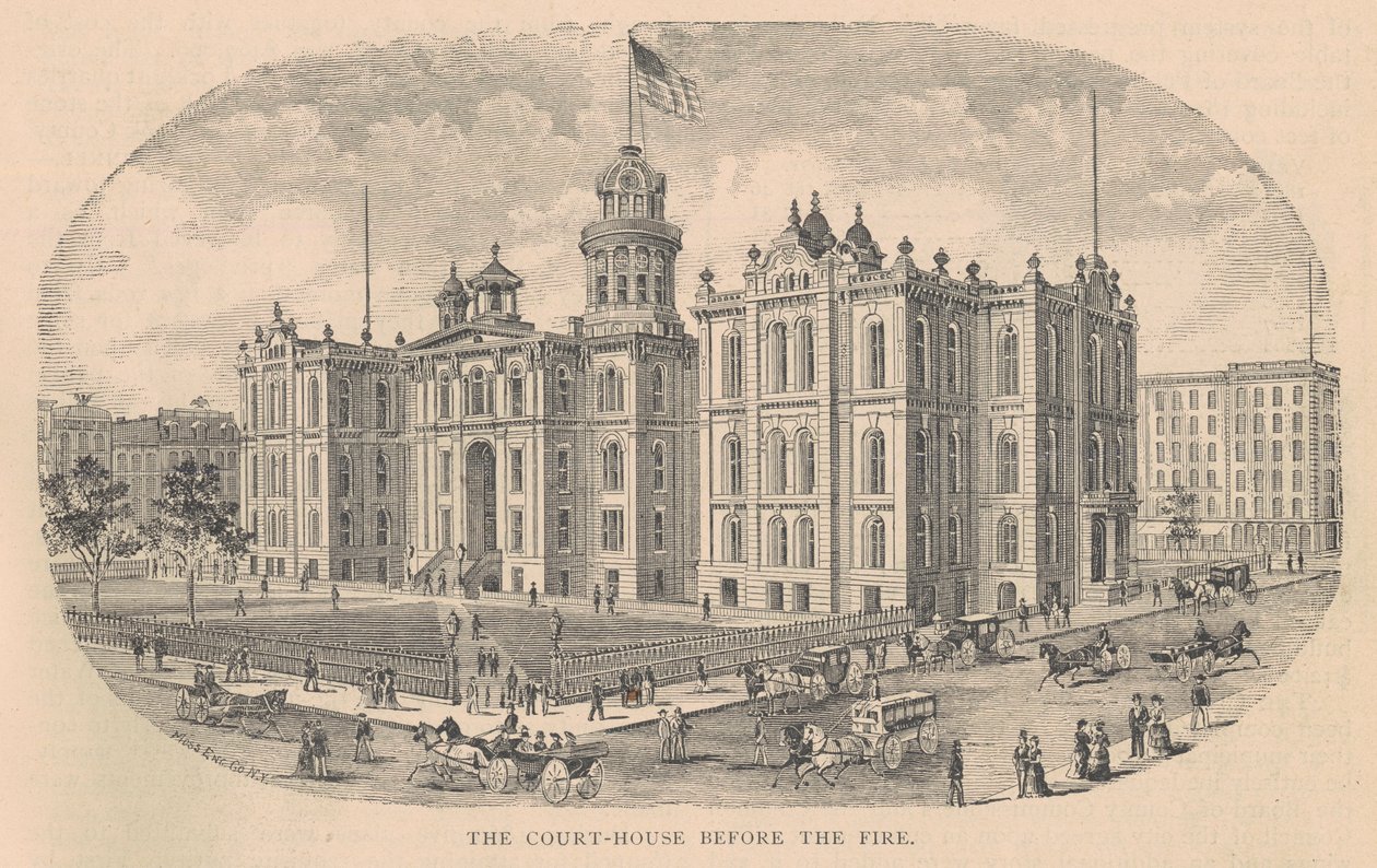 Het Gerechtsgebouw voor de Brand, gedrukt door Moss Engraving Co., New York, illustratie uit History of Chicago vol. 2 door Alfred Theodore Andreas, gepubliceerd 1885 door American School