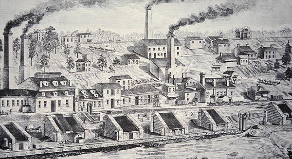 De Du Pont Kruitfabriek, aan de Brandywine-rivier (lijngravure) door American School