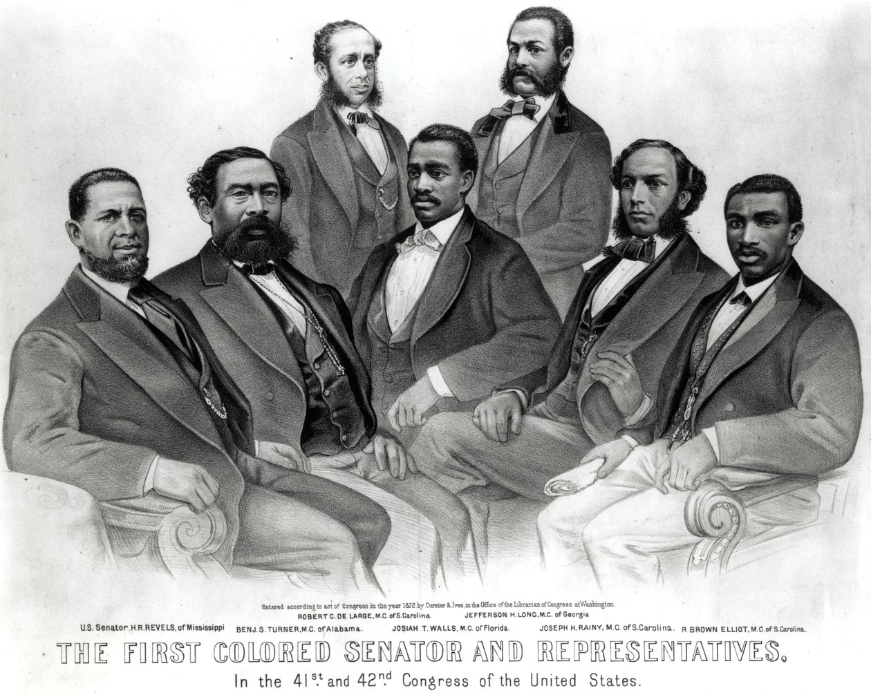 De eerste gekleurde senator en vertegenwoordigers, in het 41e en 42e congres van de Verenigde Staten, uitgegeven door Currier en Ives, 1872 door American School