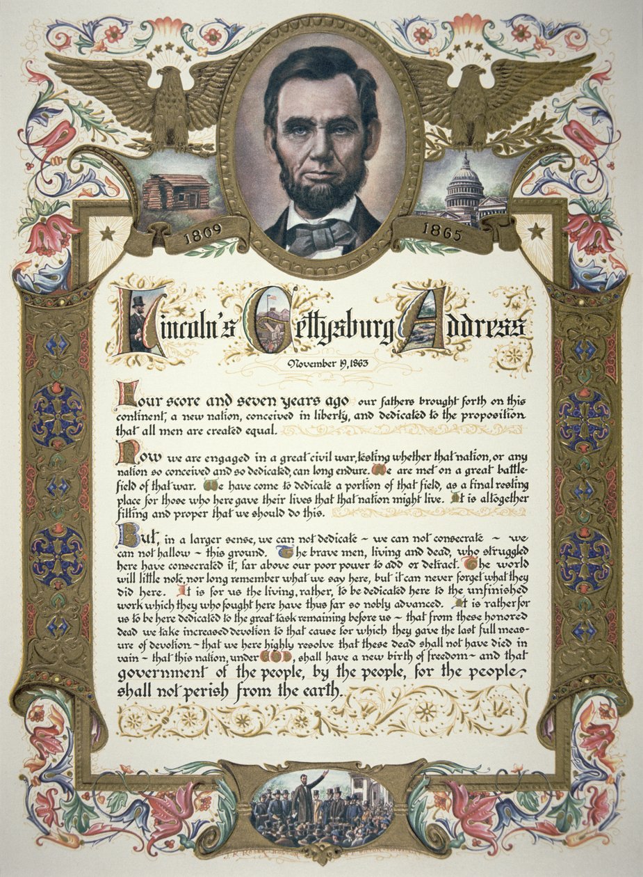 Het Gettysburg Address, uitgesproken door Abraham Lincoln (1809-65) door American School