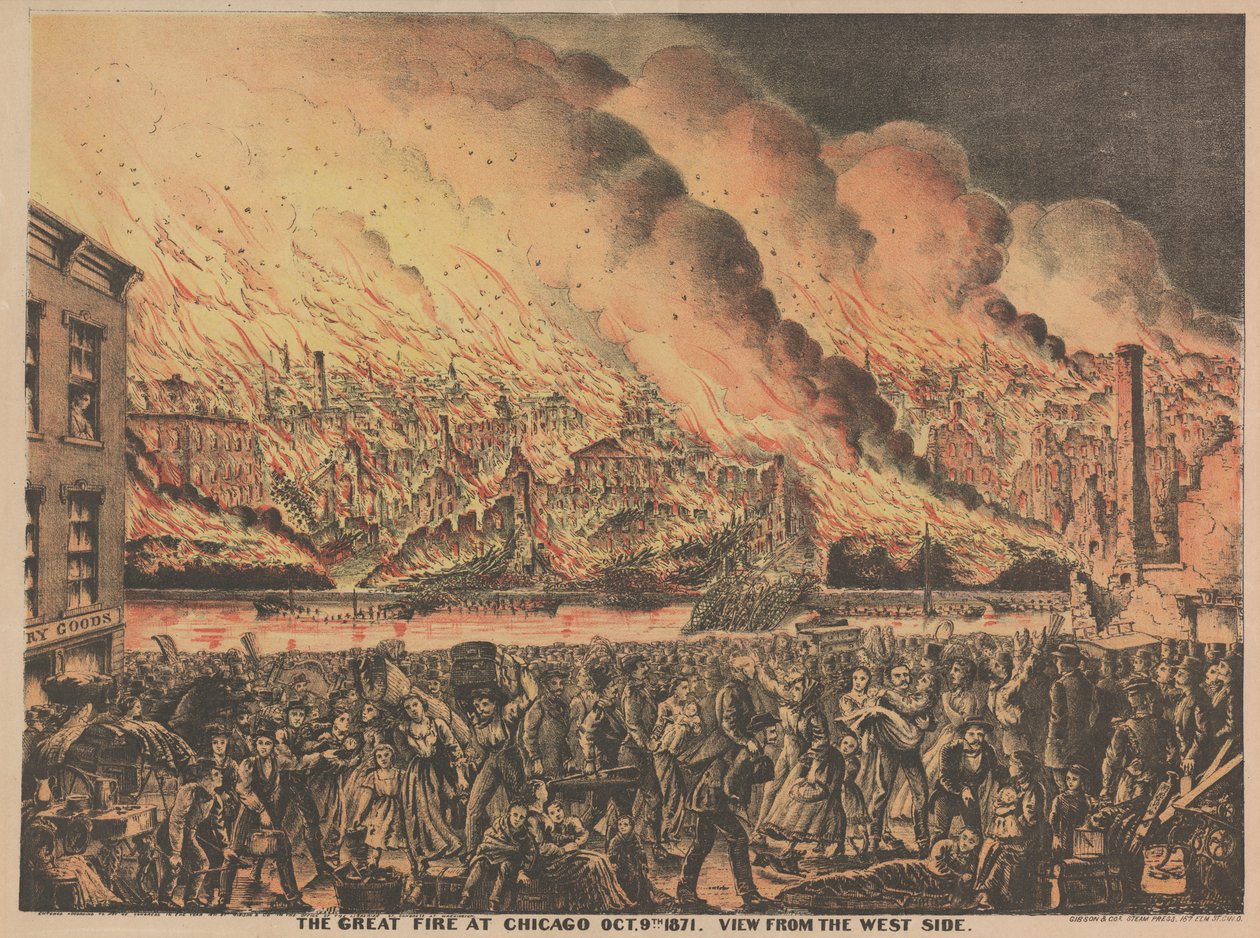De grote brand in Chicago, 9 oktober, uitzicht vanaf de westkant, 1871 door American School