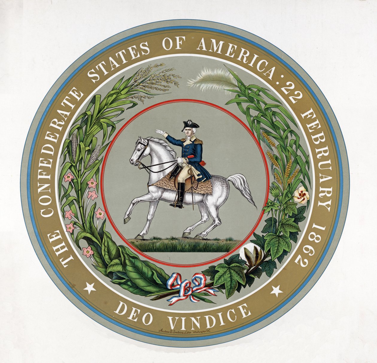 Het Grootzegel van de Geconfedereerde Staten van Amerika : 22 februari 1862 - Deo Vindice, pub.1911 (kleurenlitho) door American School