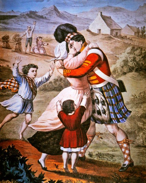 De terugkeer van de Hooglander, uitgegeven door Currier & Ives (kleur litho) door American School