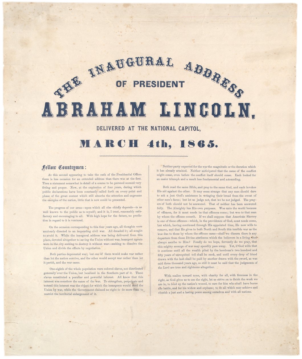 De inaugurele rede van president Abraham Lincoln gehouden in het Nationale Capitool, 4 maart 1865 door American School