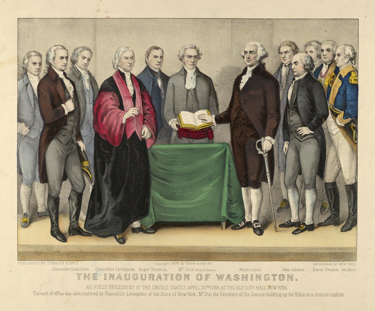 De Inhuldiging van Washington als Eerste President van de Verenigde Staten, 30 april 1789, In het Oude Stadhuis, New York, pub.1876 door American School