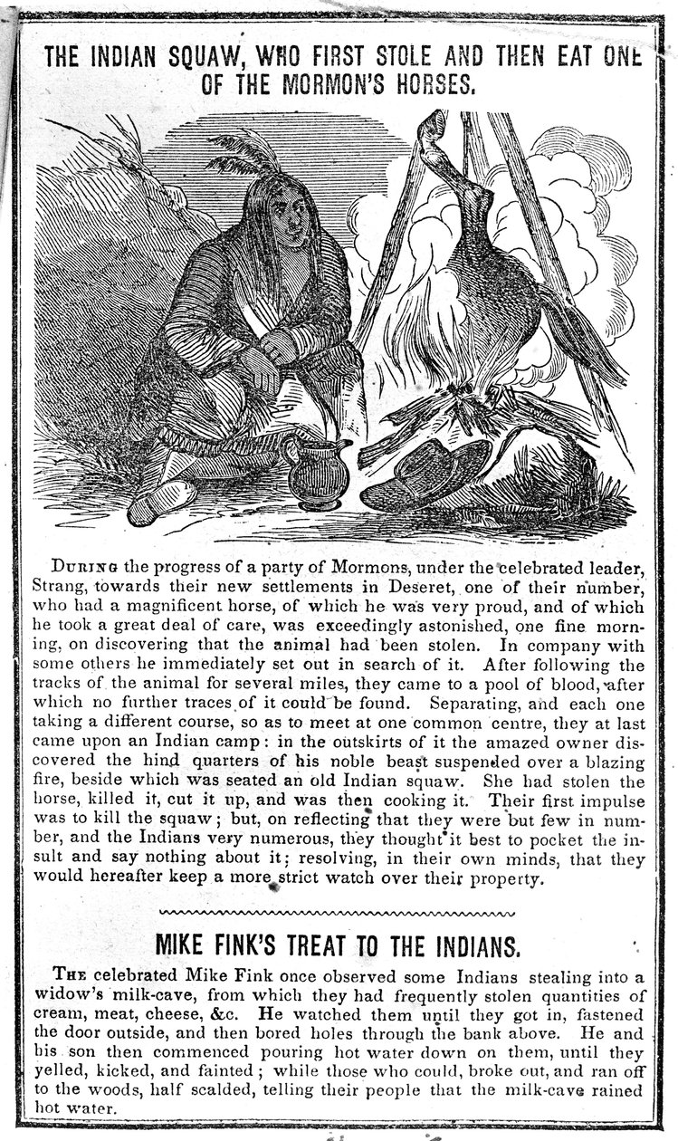 De Indiaanse Squaw die eerst een van de paarden van de Mormonen stal en daarna opat, uit Crocketts Almanak, 1852 door American School