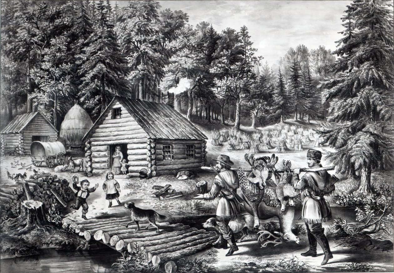 Het huis van de pionier aan de westelijke grens, uitgegeven door Currier en Ives door American School