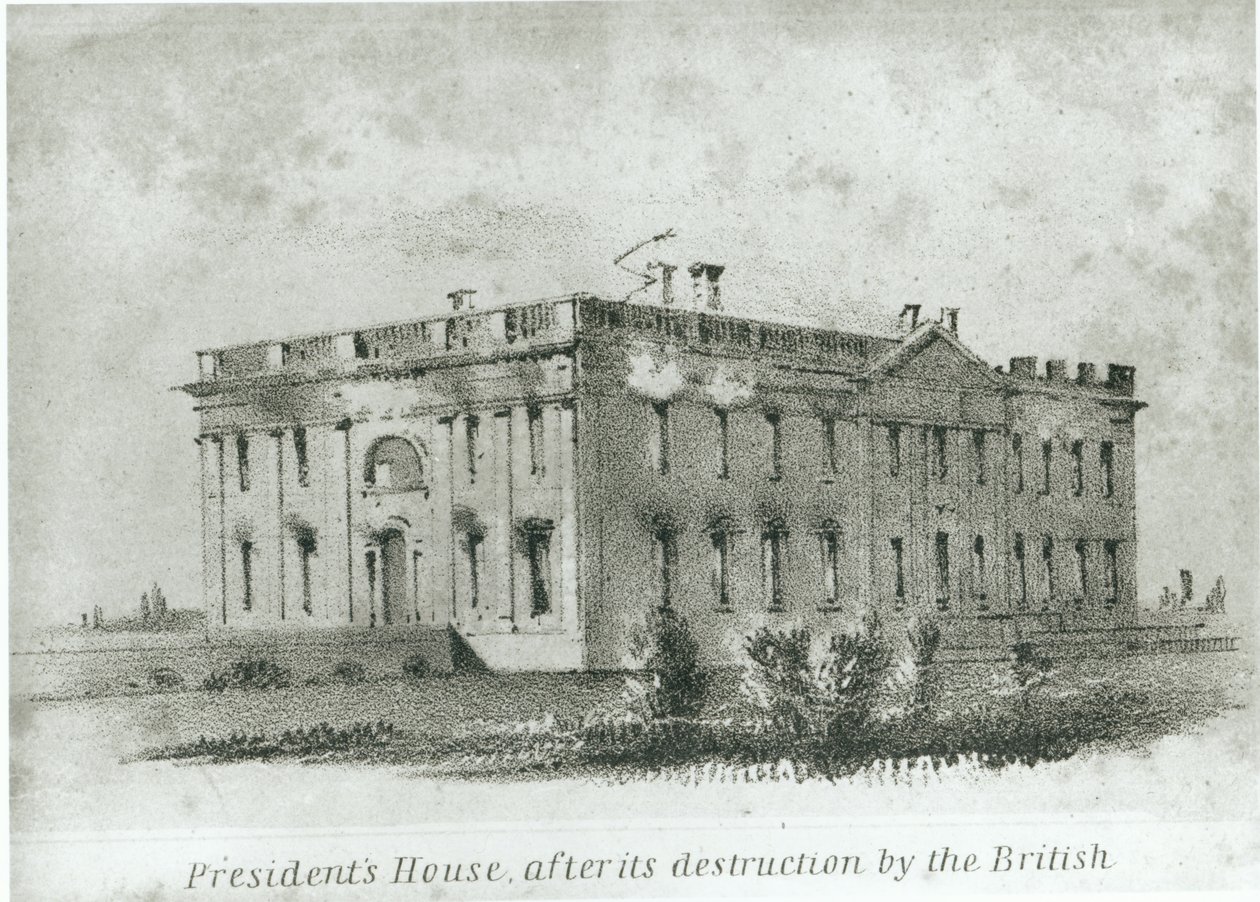 Het huis van de president na de vernietiging door de Britten, uit Watterson