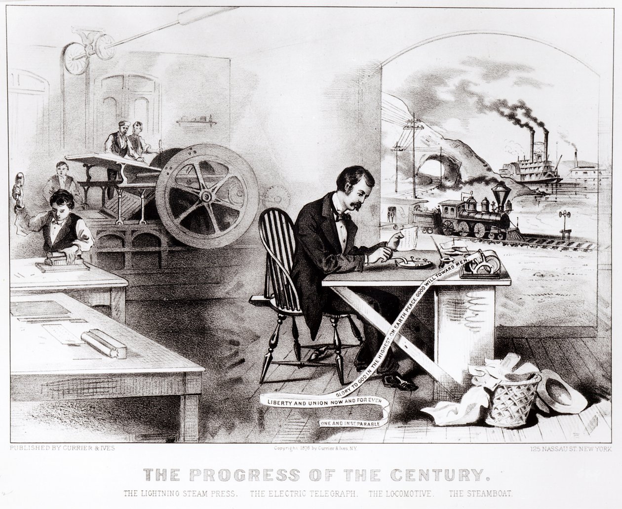 De Vooruitgang van de Eeuw: De Bliksem Stoompers, de Elektrische Telegraaf, de Locomotief en de Stoomboot, uitgegeven door Currier & Ives, 1876 door American School