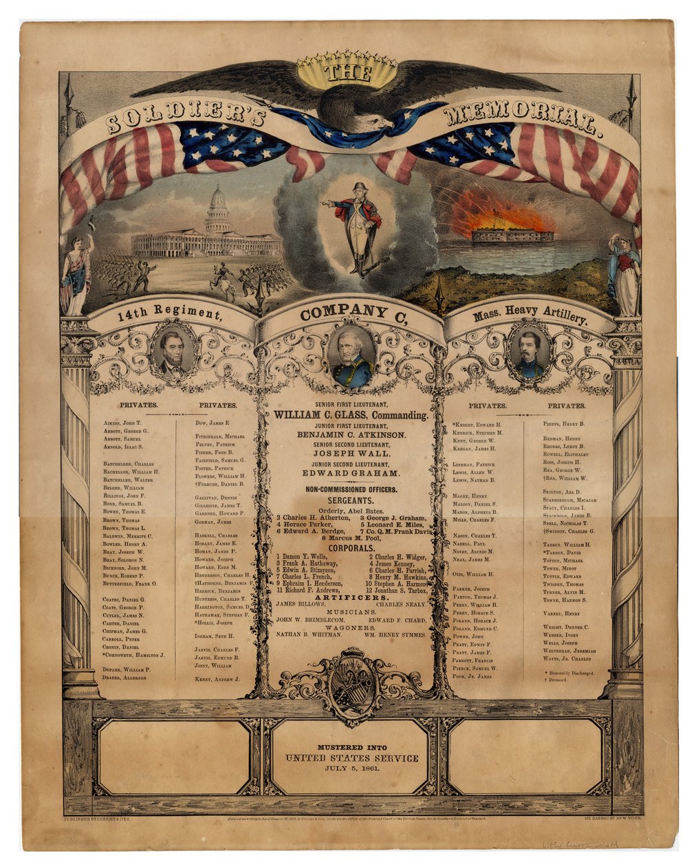 Het Soldatenmonument: 14e Regiment, Compagnie C, Mass. Zware Artillerie, uitgegeven door Currier & Ives, 1862 door American School