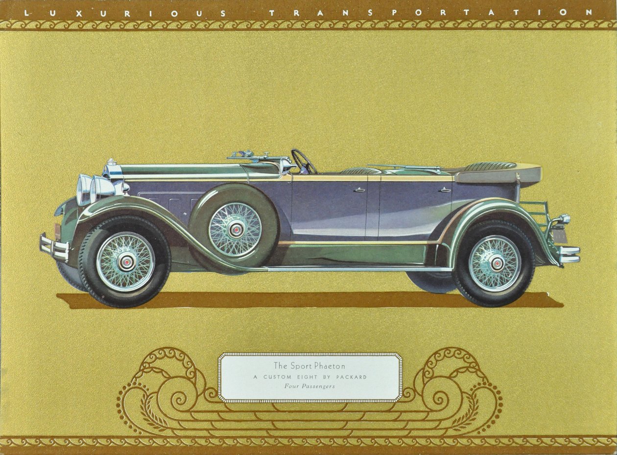 De Sport Phaeton, een Custom Eight van Packard, gepubliceerd in 1930 (kleurenlitho) door American School