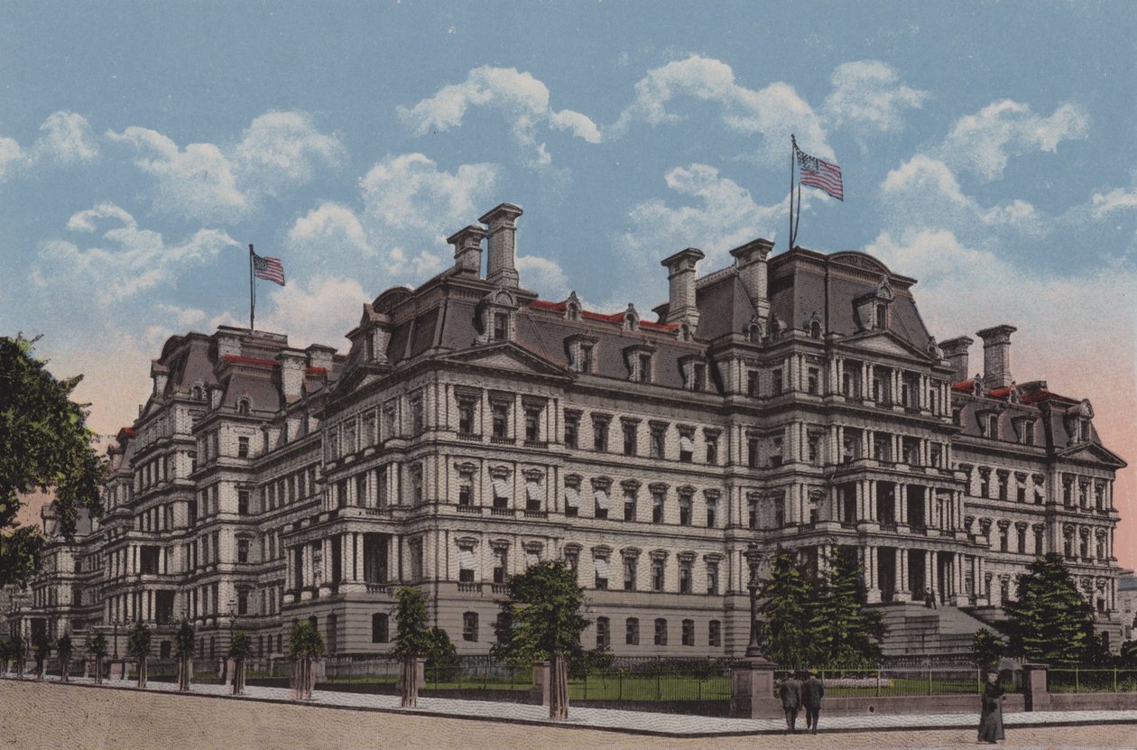 Het Staats-, Oorlogs- en Marinegebouw, Washington DC (kleurenlitho) door American School