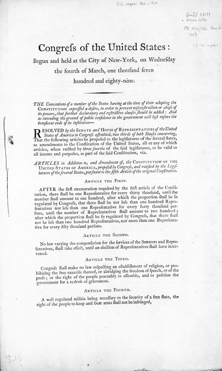 De Bill of Rights van de Verenigde Staten, voltooid 1789 door American School